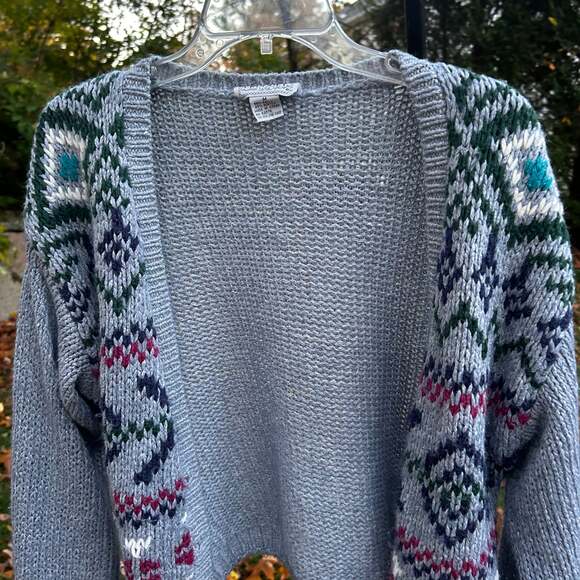 Vintage Croquet Club Boho Knit Cardigan Sweater Gray Patterned Sleeves Size M - Picture 3 of 7